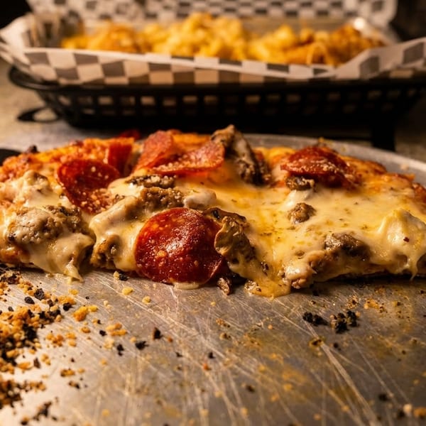 A half-eaten pepperoni and sausage pizza slice on a metal tray, with crumbs scattered around.
