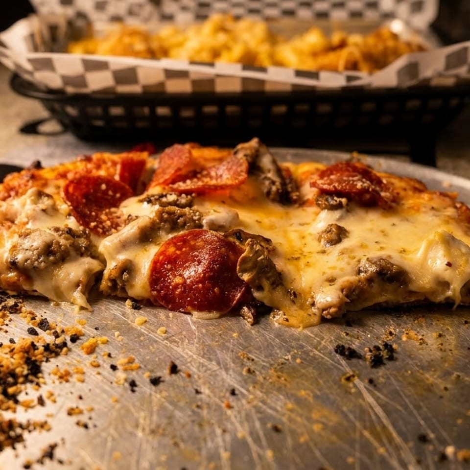 A half-eaten pepperoni and sausage pizza slice on a metal tray, with crumbs scattered around.