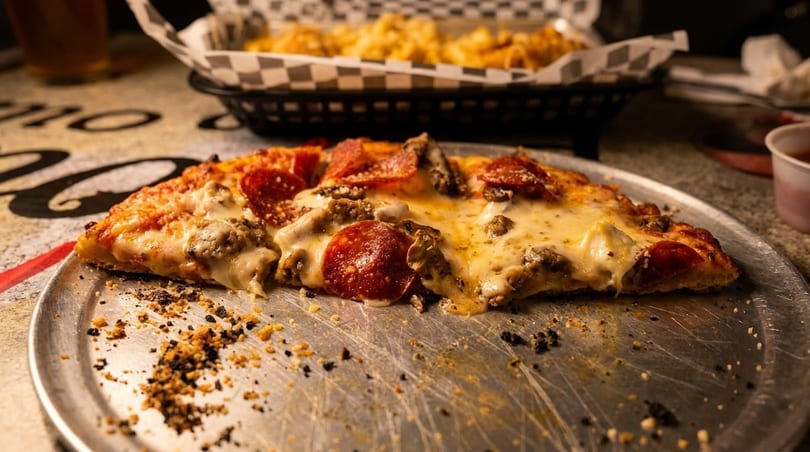 A half-eaten pepperoni and sausage pizza slice on a metal tray, with crumbs scattered around.