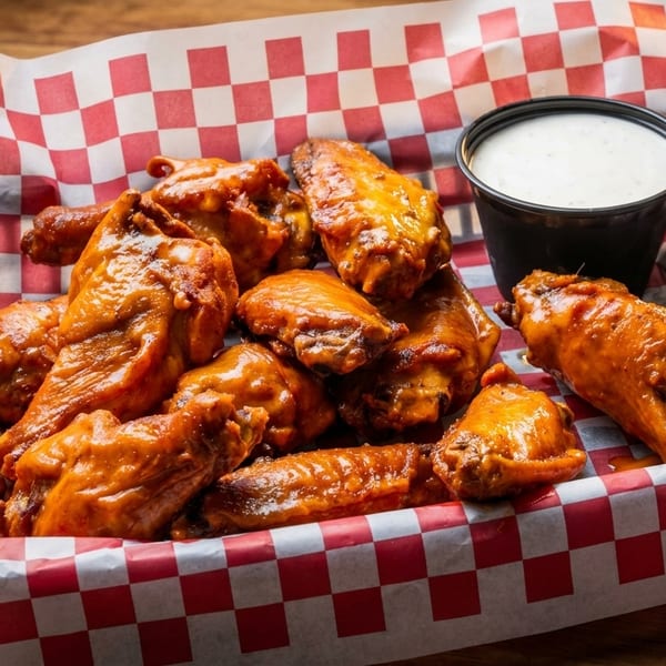A basket of buffalo chicken wings with a side of ranch dressing, served on red and white checkered paper.