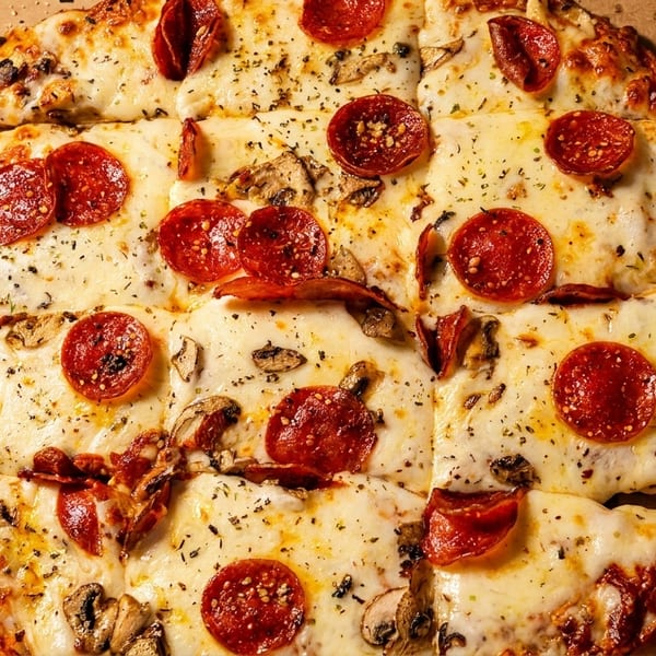 Square-cut pepperoni and mushroom pizza with melted cheese and herbs in a cardboard box.