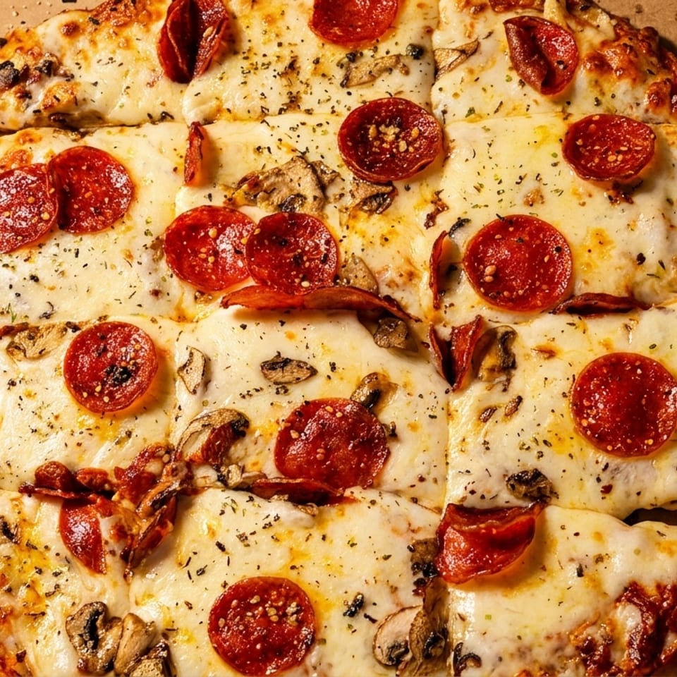 Square-cut pepperoni and mushroom pizza with melted cheese and herbs in a cardboard box.
