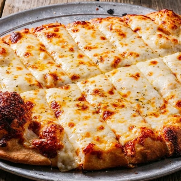 Cheesy garlic breadsticks, cut into strips, on a metal pizza pan atop a rustic wooden table.